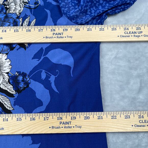 JM Collection Top Women Plus 2X Blue Kona Bloom Floral Rhinestones Sheer Sleeves - Picture 6 of 15